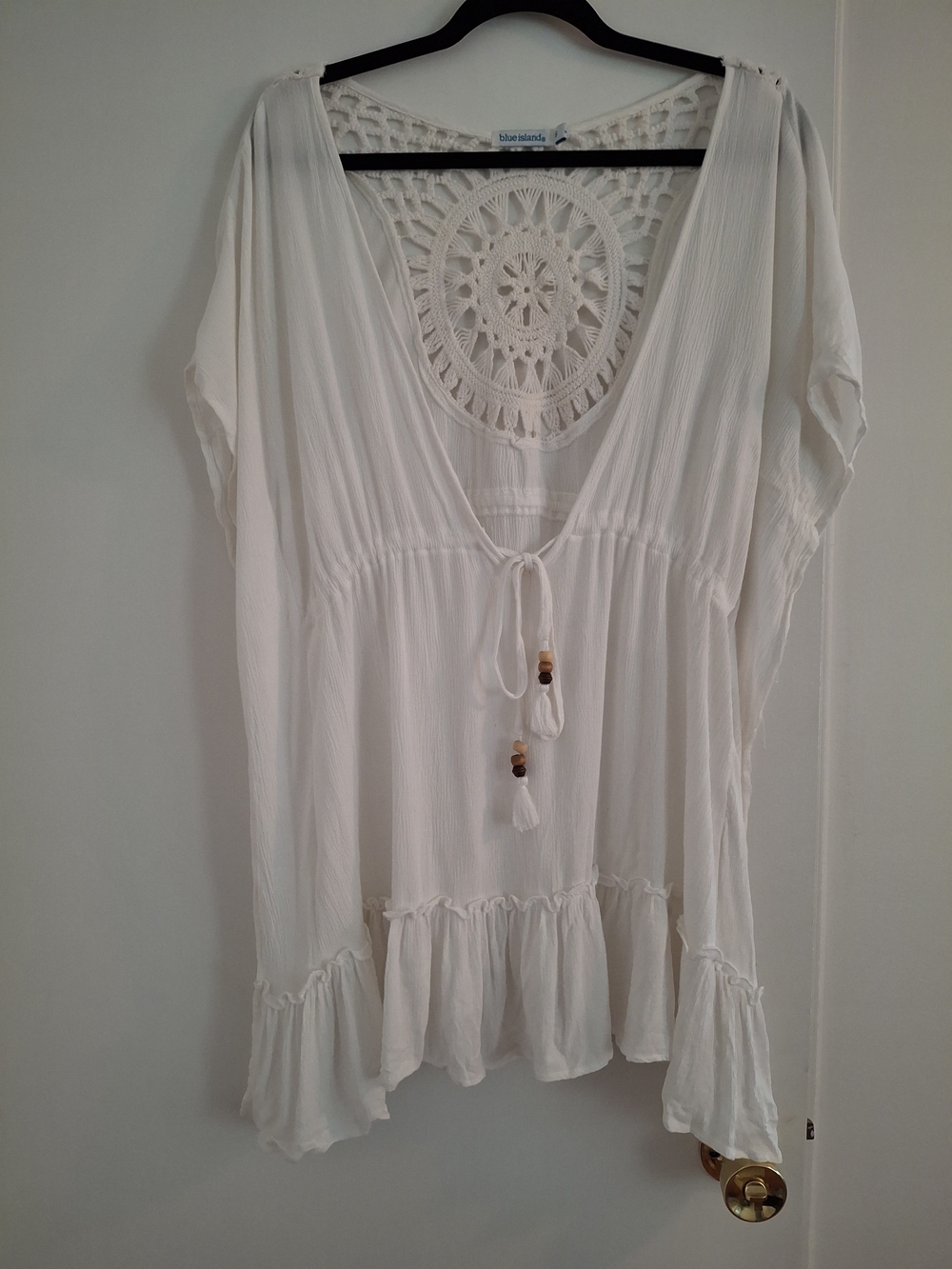 blue island White Crochet-Back V-Neck Peasant Beach Cover Up
